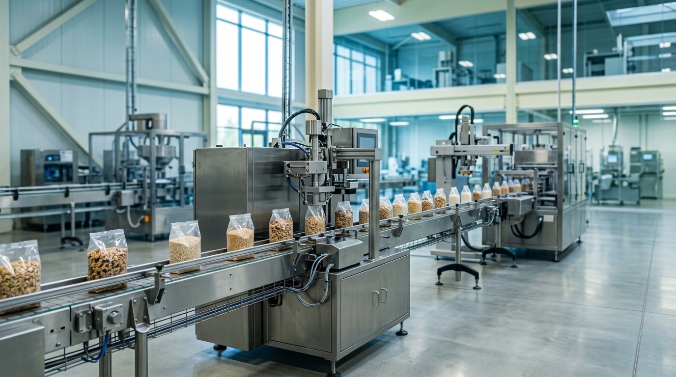 Modern food-manufacturing facility producing packaged grocery goods